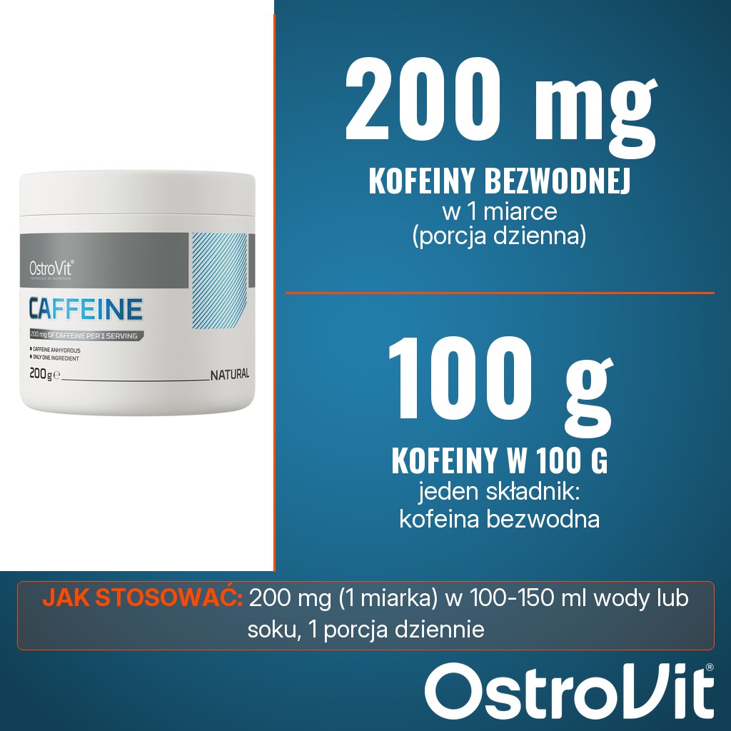 OstroVit Supreme Caffeine: 200 mg kofeiny bezwodnej w 1 miarce, jedna porcja dziennie