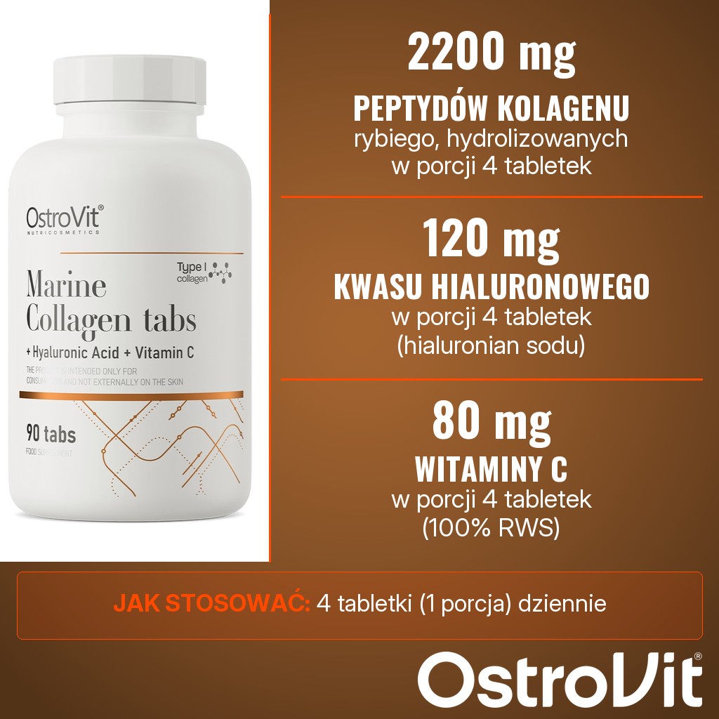 OstroVit Marine Collagen: 2200 mg hydrolizowanych peptydów kolagenu rybiego, 120 mg kwasu hialuronowego i 80 mg witaminy C w porcji 4 tabletek