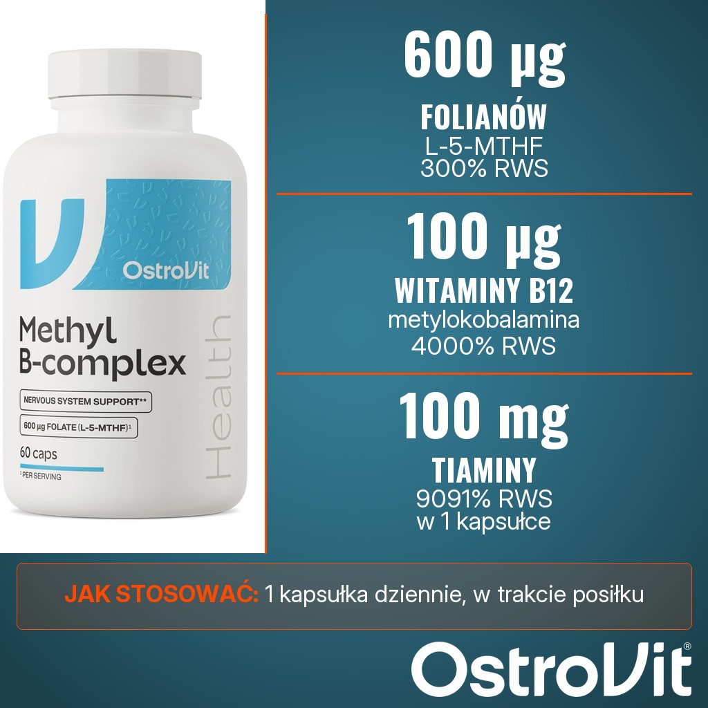 OstroVit Methyl B-Complex: 600 µg folianów (L-5-MTHF), 100 µg witaminy B12 (metylokobalamina) i 100 mg tiaminy w 1 kapsułce dziennie