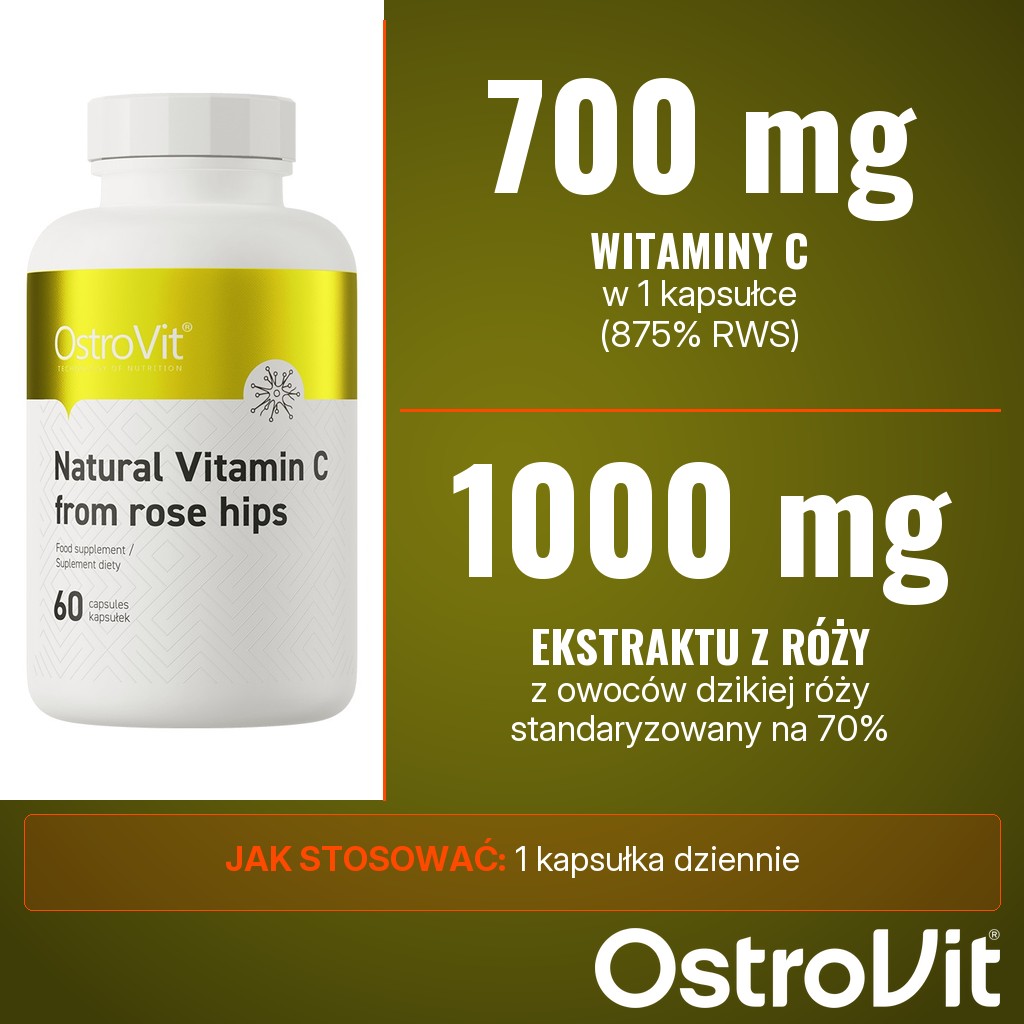 OstroVit Natural Vitamin C from rose hips: 700 mg witaminy C (875% RWS) z 1000 mg ekstraktu z owoców dzikiej róży w 1 kapsułce dziennie