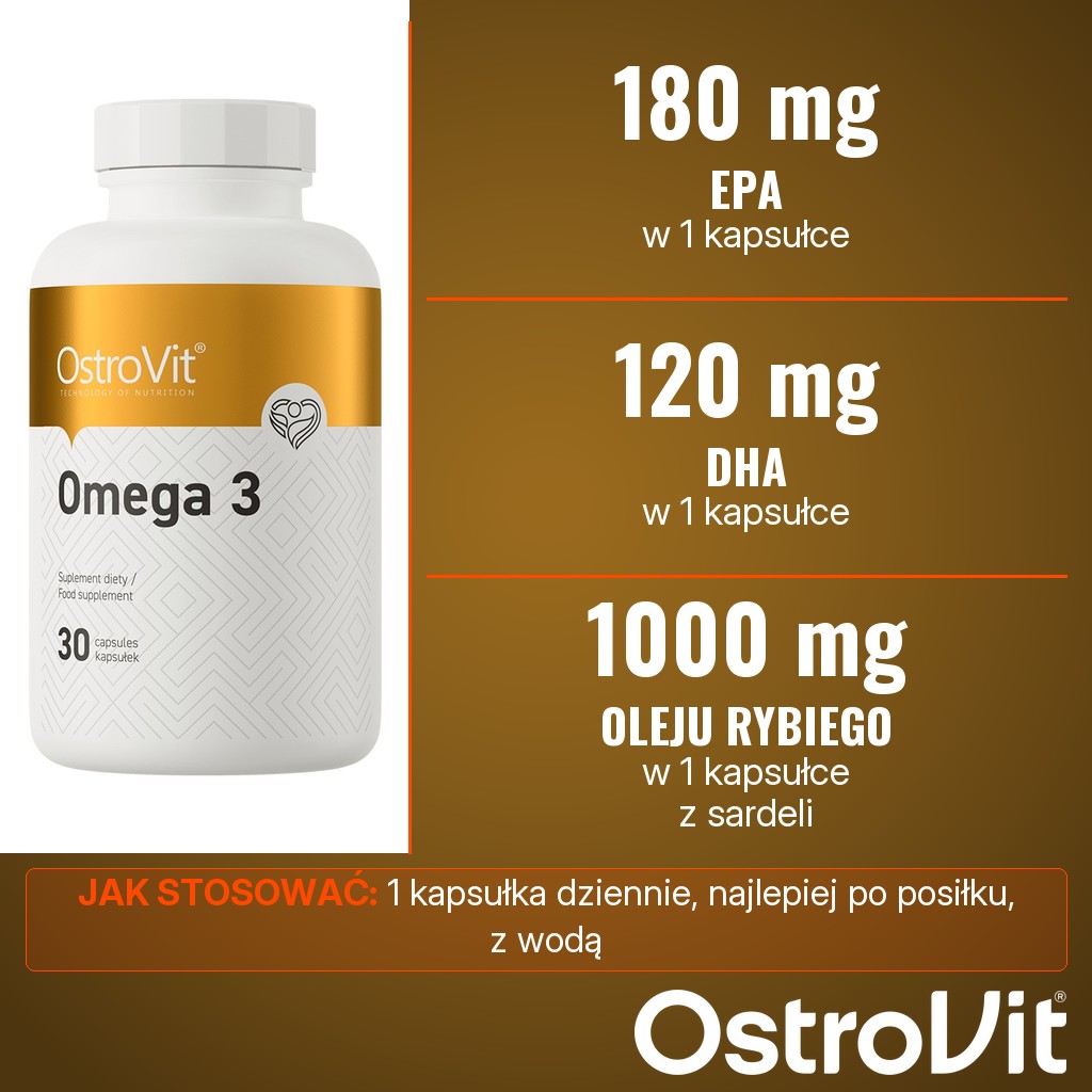 OstroVit Omega 3: 1000 mg oleju rybiego, w tym 180 mg EPA i 120 mg DHA, w 1 kapsułce dziennie