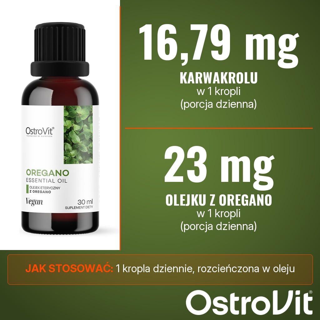 OstroVit Oregano Essential Oil: 16,79 mg karwakrolu i 23 mg olejku z oregano w 1 kropli dziennie