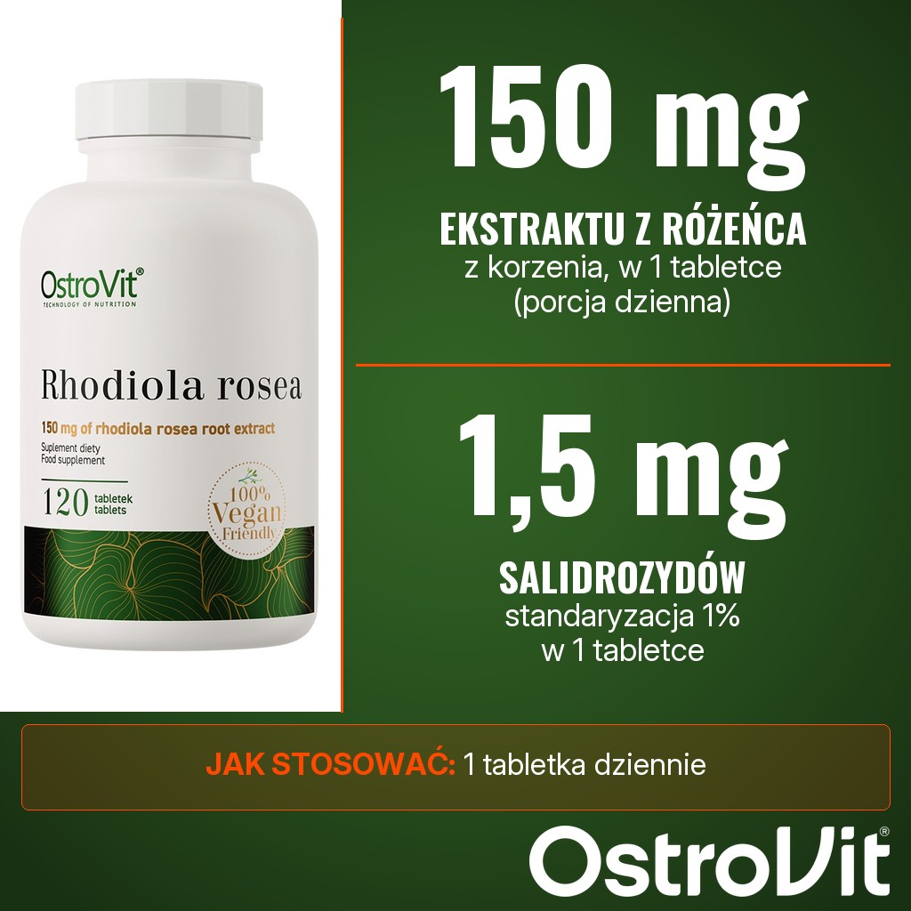 OstroVit Rhodiola Rosea VEGE: 150 mg ekstraktu z korzenia różeńca górskiego i 1,5 mg salidrozydów w 1 tabletce dziennie