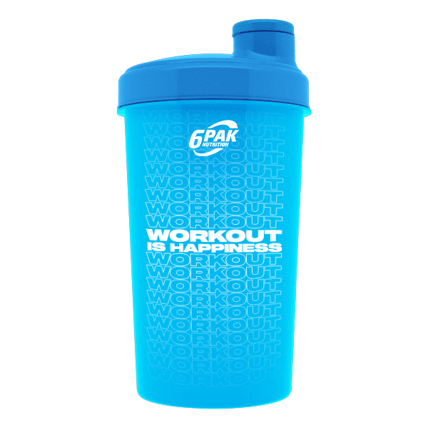 6Pak Shaker Workout Is Happiness Neon Blue 700 ml: niebieski shaker z nadrukiem WORKOUT IS HAPPINESS