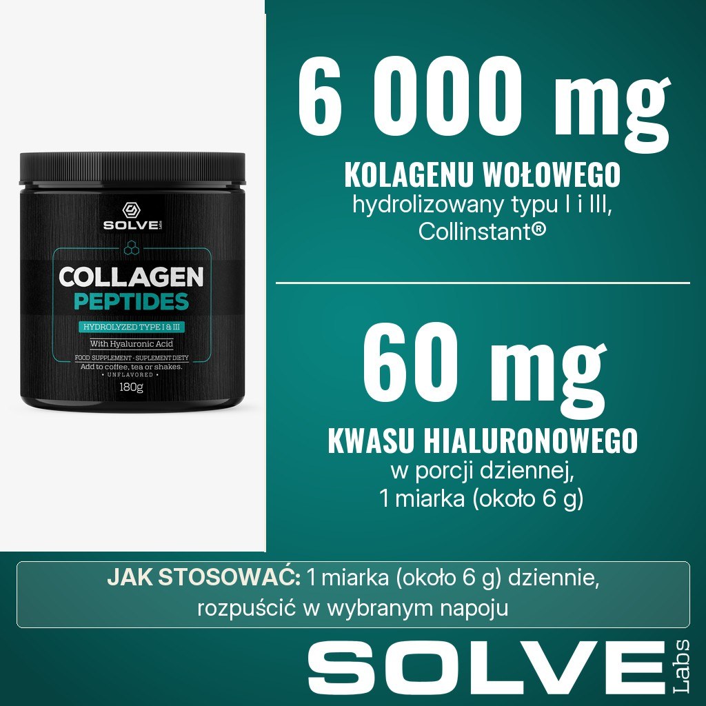 Solve Labs Collagen Peptides: 6 000 mg hydrolizowanego kolagenu wołowego typu I i III Collinstant i 60 mg kwasu hialuronowego w porcji dziennej