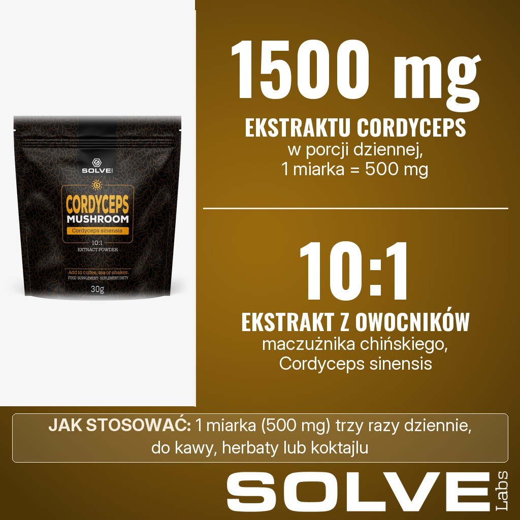 Solve Labs Cordyceps proszek: 1500 mg ekstraktu 10:1 z owocników maczużnika chińskiego (Cordyceps sinensis) w porcji dziennej
