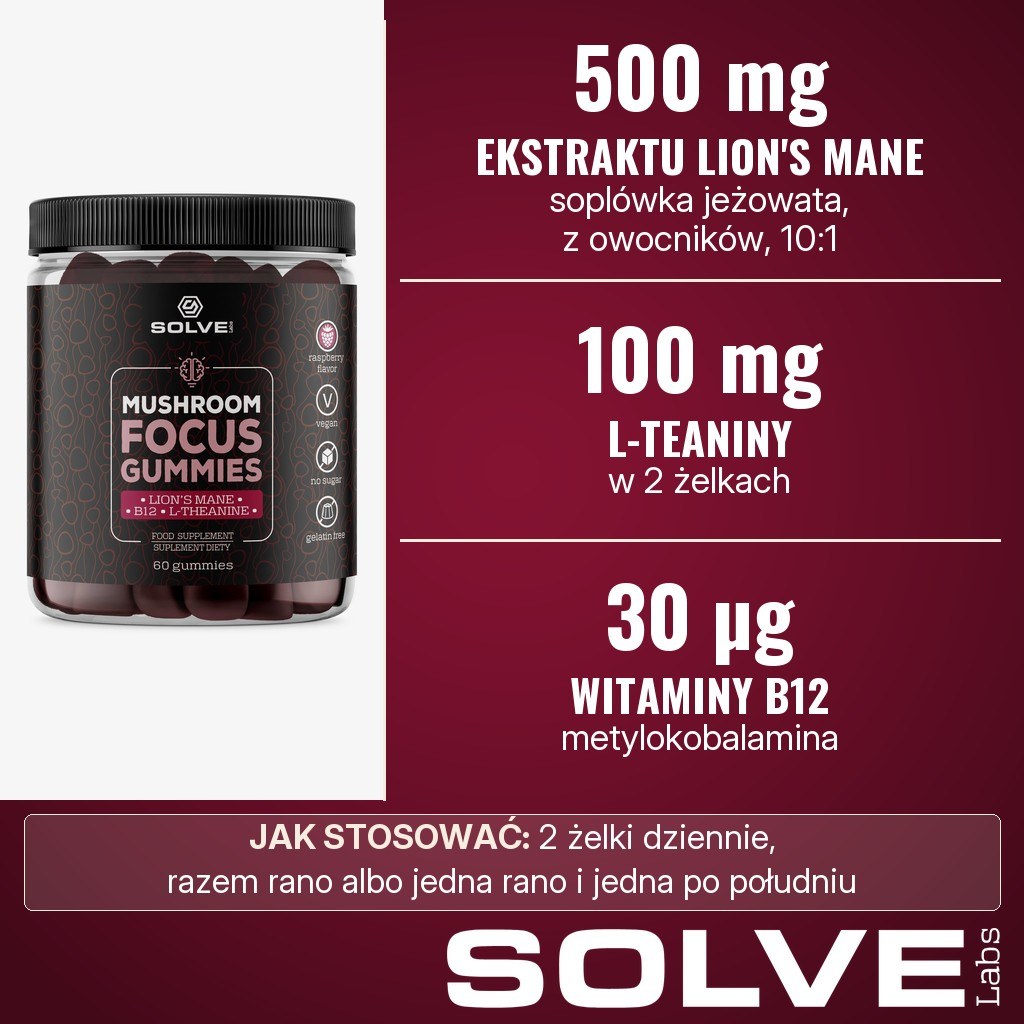 Solve Labs Mushroom Focus Gummies: 500 mg ekstraktu 10:1 z owocników soplówki jeżowatej (Lion's Mane), 100 mg L-teaniny i 30 µg witaminy B12 w 2 żelkach