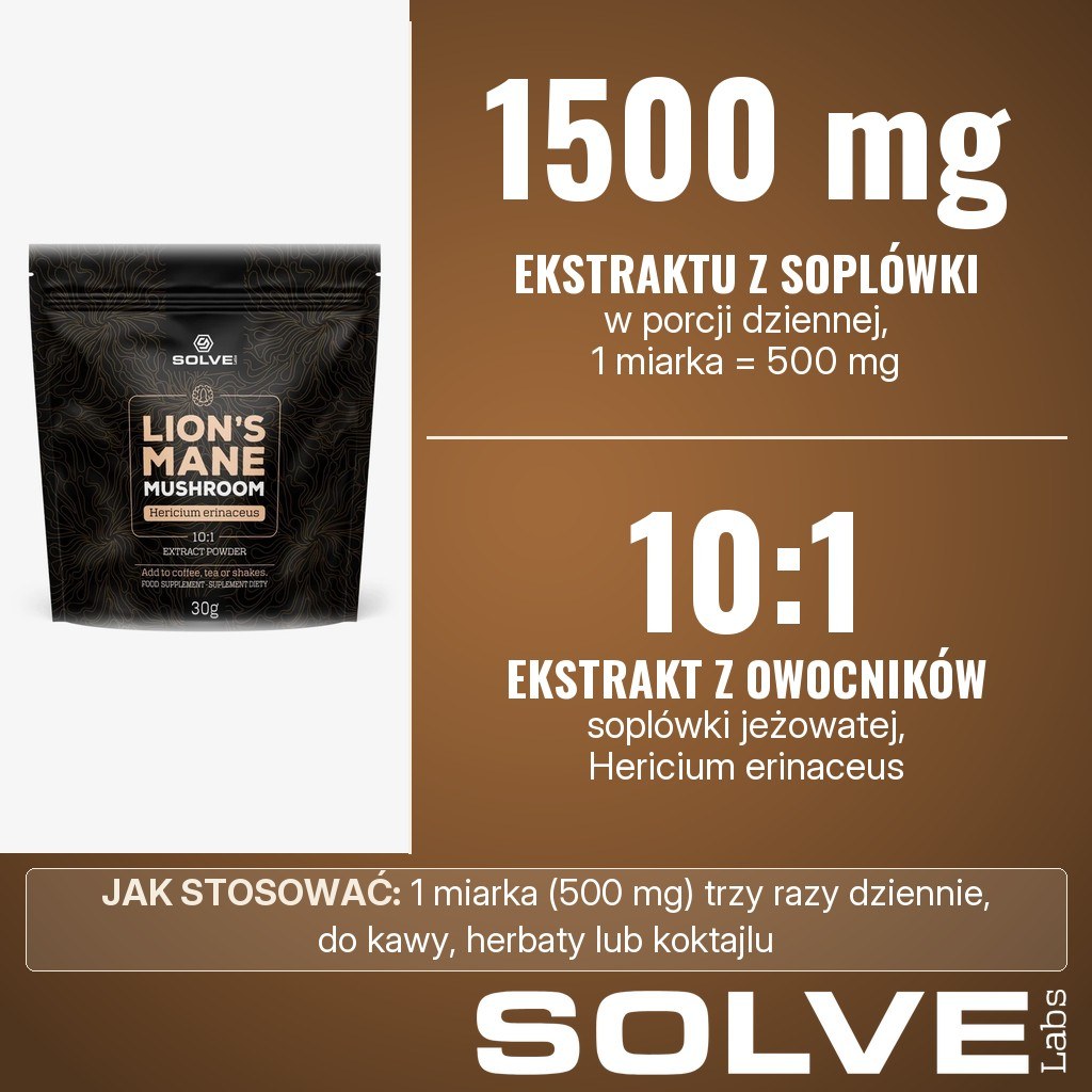 Solve Labs Lion's Mane proszek: 1500 mg ekstraktu 10:1 z soplówki jeżowatej (Hericium erinaceus) w porcji dziennej