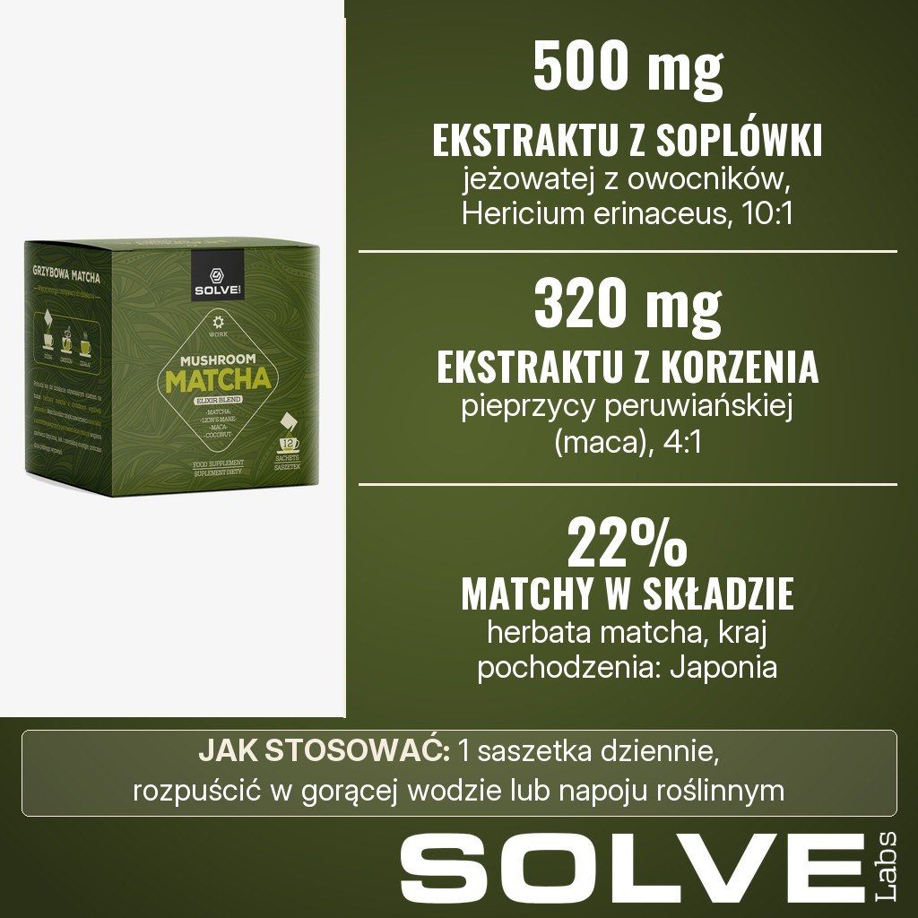 Solve Labs Mushroom Matcha Elixir: 500 mg ekstraktu 10:1 z owocników soplówki jeżowatej i 320 mg ekstraktu z korzenia maca w saszetce, 22% matchy z Japonii