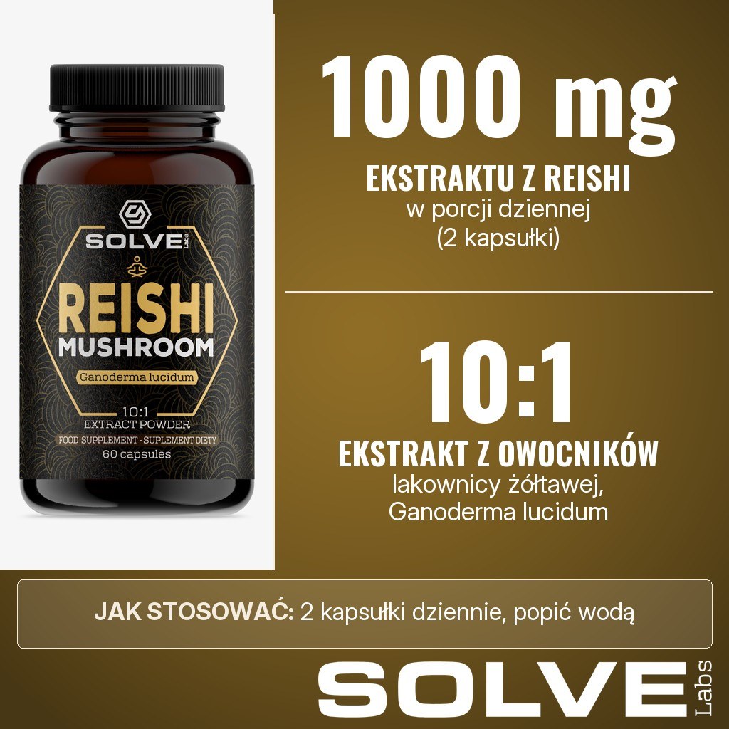Solve Labs Reishi kapsułki: 1000 mg ekstraktu 10:1 z owocników lakownicy żółtawej (Ganoderma lucidum) w porcji dziennej, 2 kapsułki