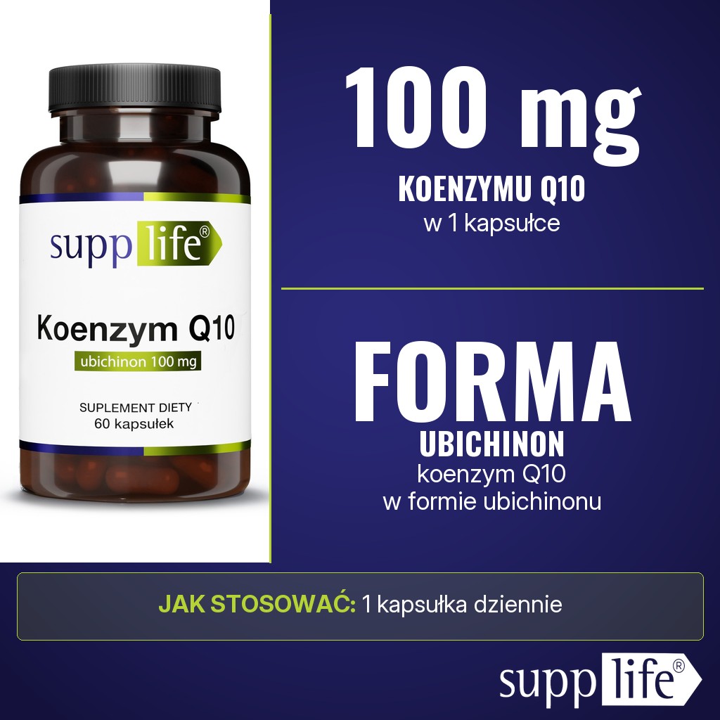 Supplife Koenzym Q10 100 mg: 100 mg koenzymu Q10 w formie ubichinonu w 1 kapsułce, porcja dzienna 1 kapsułka