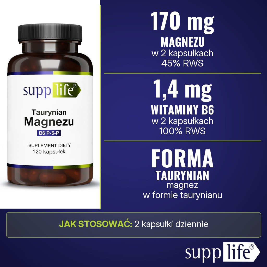 Supplife Taurynian Magnezu + P-5-P: 170 mg magnezu z taurynianu magnezu i 1,4 mg witaminy B6 w 2 kapsułkach, porcja dzienna 2 kapsułki