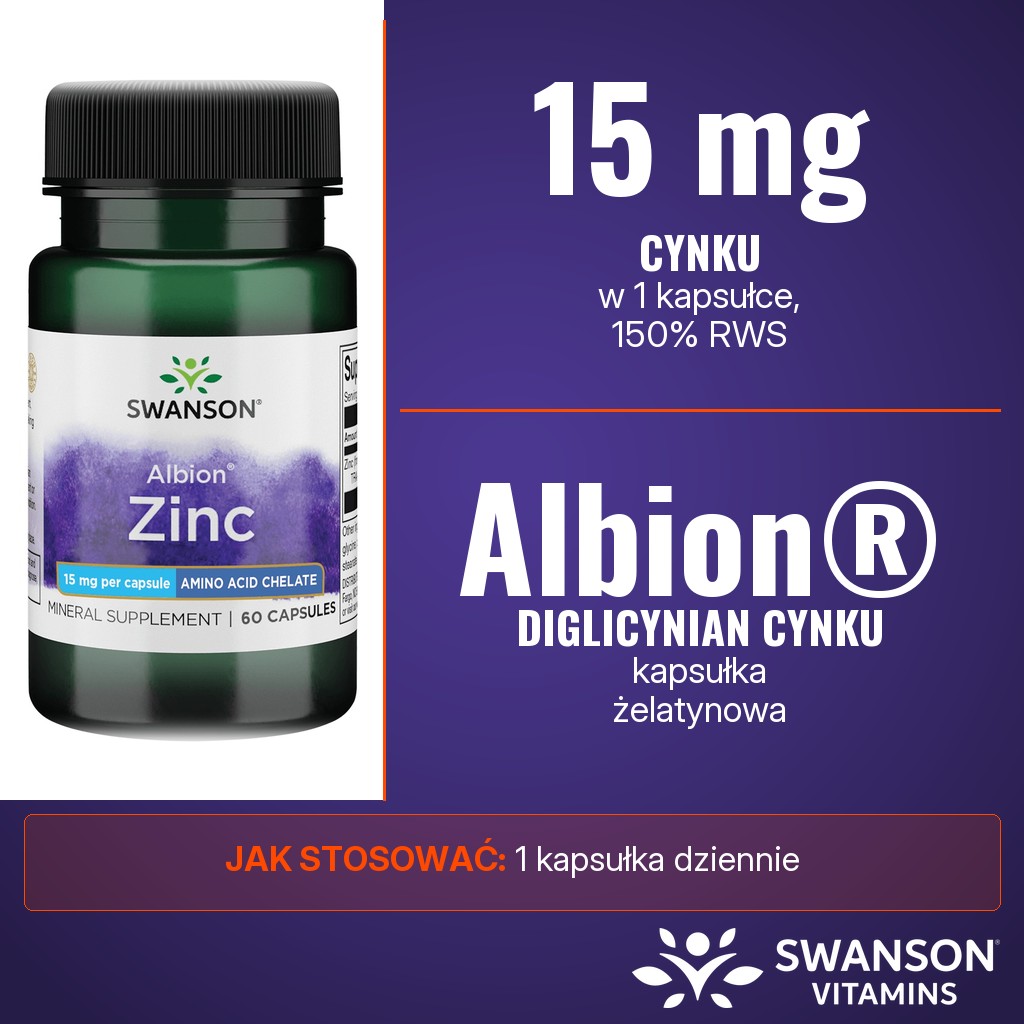 Swanson Albion Chelat Cynku 15 mg: 15 mg cynku z diglicynianu cynku Albion w 1 kapsułce dziennie