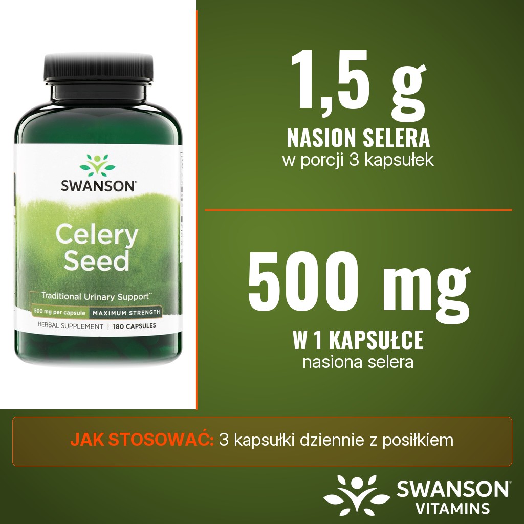 Swanson Celery Seed 500 mg: 1,5 g nasion selera w porcji 3 kapsułek, 3 kapsułki dziennie z posiłkiem