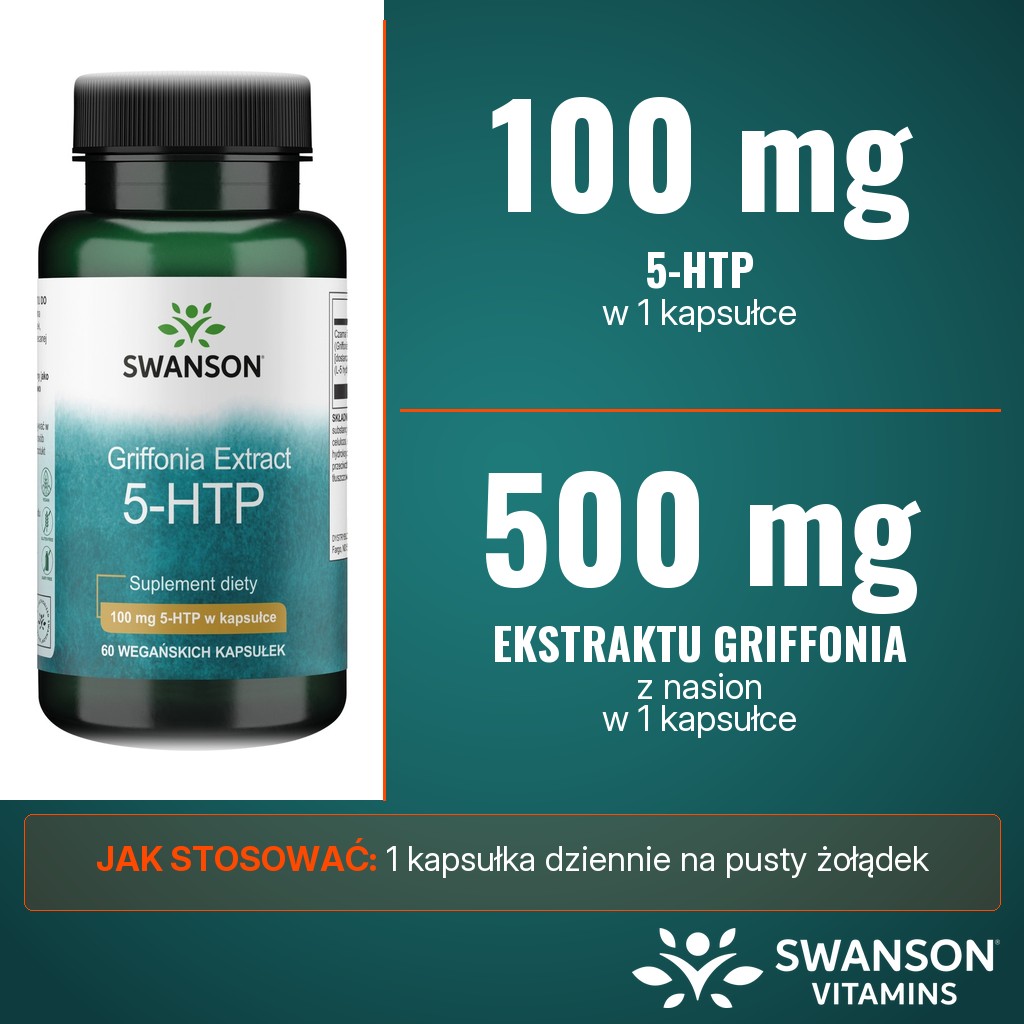 Swanson 5-HTP Griffonia Extract: 100 mg 5-HTP z 500 mg ekstraktu z nasion Griffonia simplicifolia w 1 kapsułce, 1 kapsułka dziennie