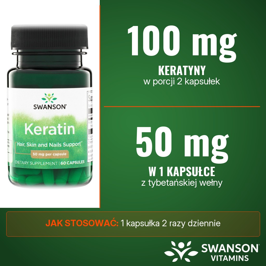 Swanson Keratin (Keratyna) 50 mg: 100 mg keratyny w porcji 2 kapsułek, 50 mg w 1 kapsułce