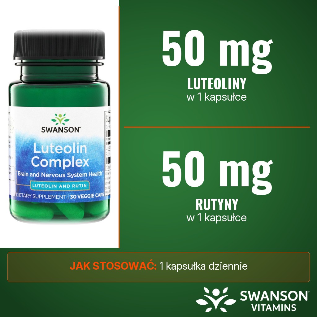 Swanson Luteolin Complex: 50 mg luteoliny i 50 mg rutyny w 1 kapsułce, 1 kapsułka dziennie