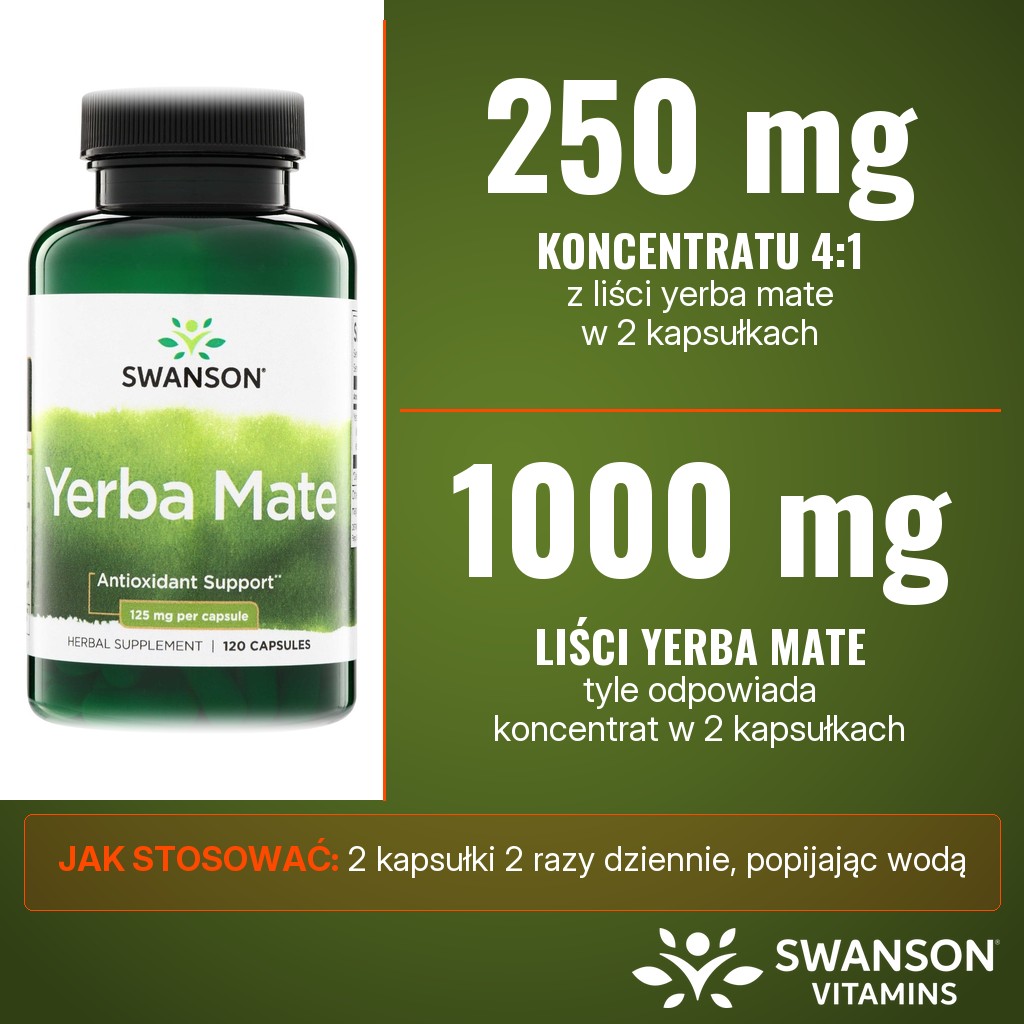 Swanson Yerba Mate: 250 mg koncentratu 4:1 z liści yerba mate, co odpowiada 1000 mg liści, w 2 kapsułkach