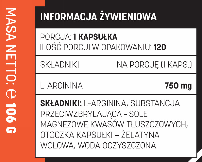 Informacja żywieniowa Testosterone.pl L-Arginina 750