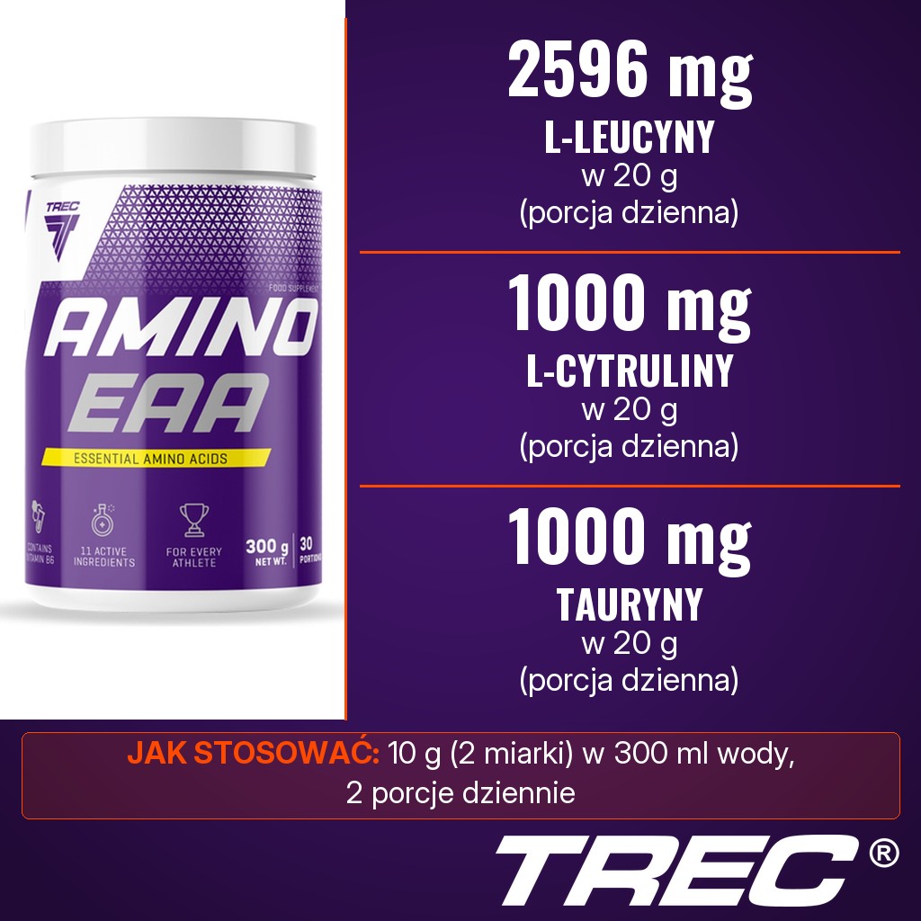 Trec Amino EAA: 2596 mg L-leucyny, 1000 mg L-cytruliny i 1000 mg tauryny w porcji dziennej 20 g