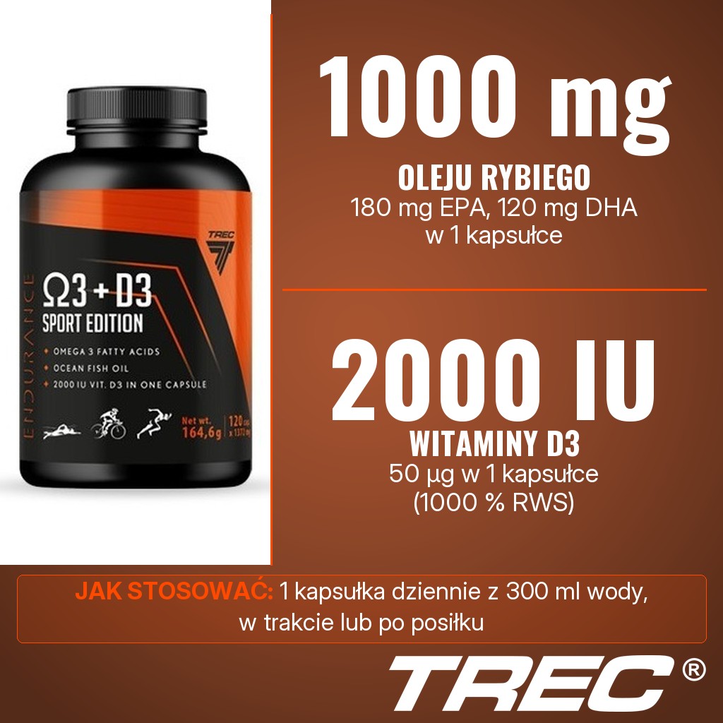 Trec Endu Omega 3 + D3 Sport Edition: 1000 mg oleju rybiego (180 mg EPA, 120 mg DHA) i 2000 IU witaminy D3 w 1 kapsułce dziennie