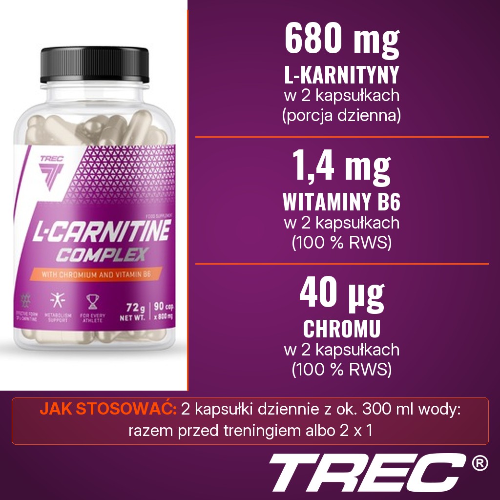 Trec L-Carnitine Complex: 680,00 mg L-karnityny, 1,40 mg witaminy B6 i 40,00 µg chromu w 2 kapsułkach dziennie