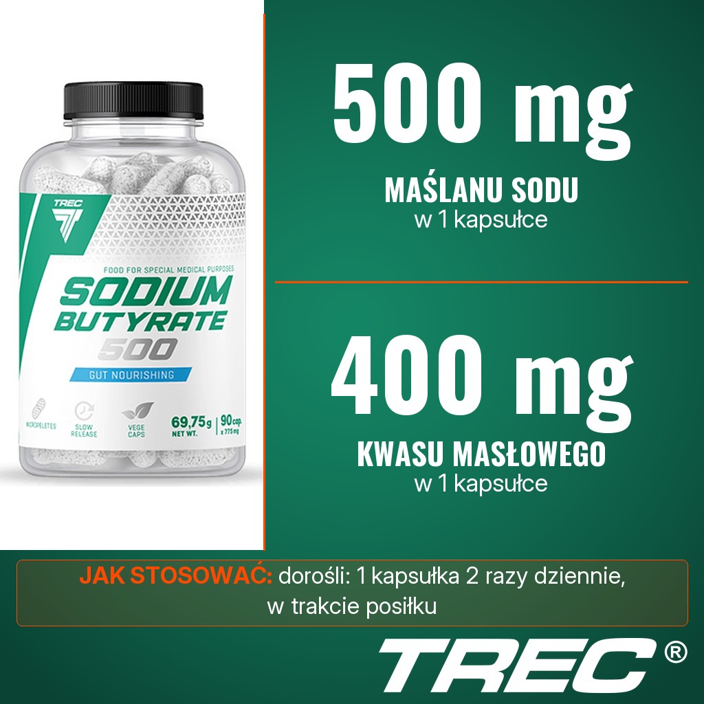 Trec Sodium Butyrate 500: 500 mg maślanu sodu, w tym 400 mg kwasu masłowego, w 1 kapsułce