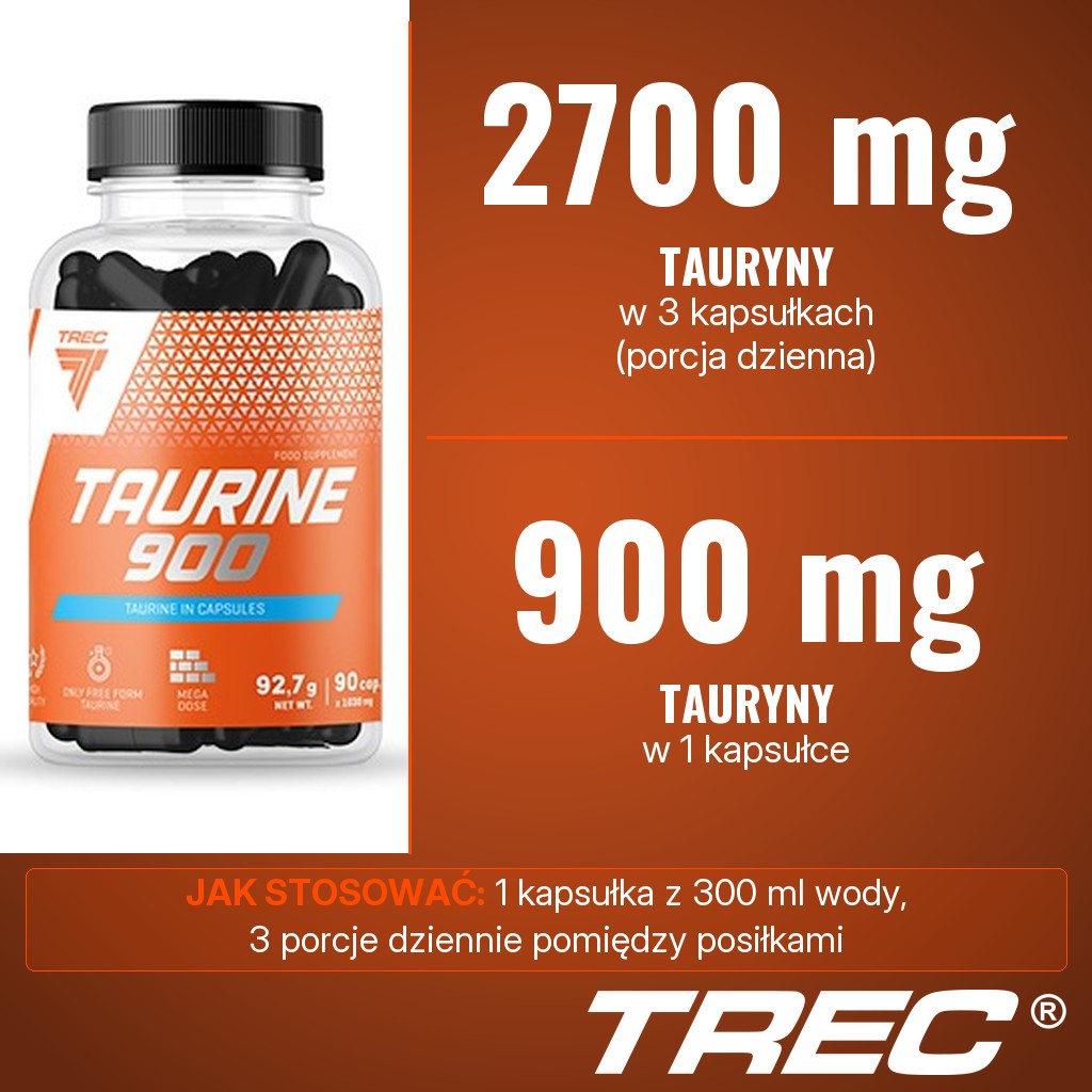 Trec Taurine 900: 2700,00 mg tauryny w 3 kapsułkach dziennie, 900,00 mg w 1 kapsułce