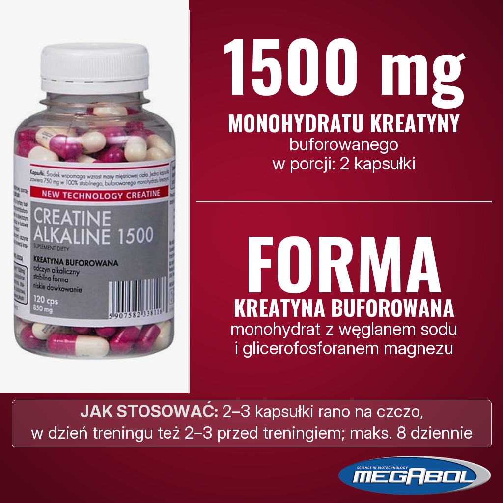 Megabol Creatine Alkaline 1500: 1500 mg buforowanego monohydratu kreatyny w porcji (2 kapsułki), z węglanem sodu i glicerofosforanem magnezu