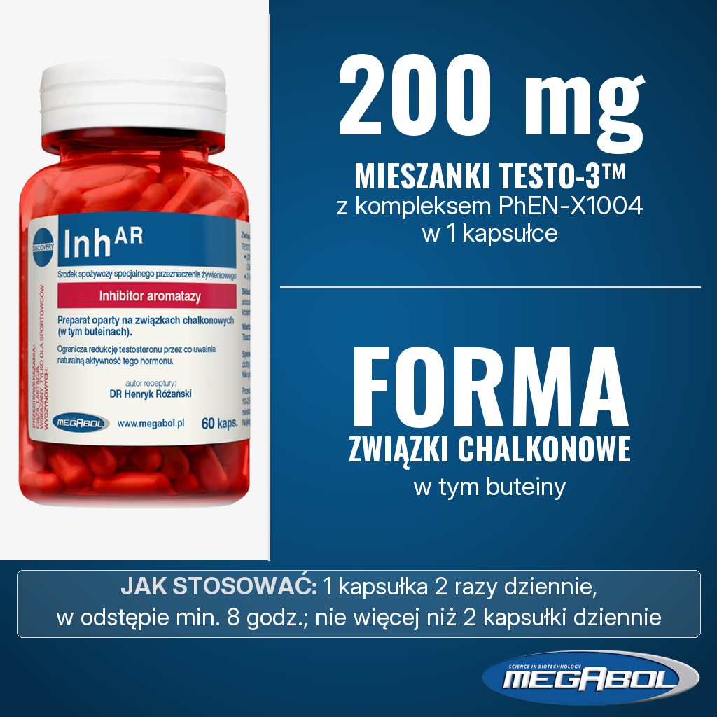 Megabol Inh-AR 3G: 200 mg mieszanki Testo-3™ z kompleksem PhEN-X1004 w 1 kapsułce, związki chalkonowe, w tym buteiny