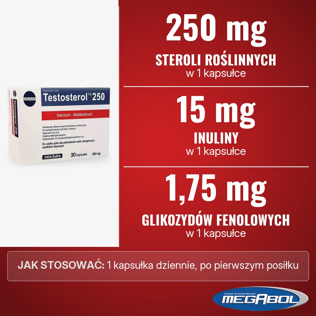 Megabol Testosterol 250: 250 mg steroli roślinnych, 15 mg inuliny i 1,75 mg glikozydów fenolowych w 1 kapsułce
