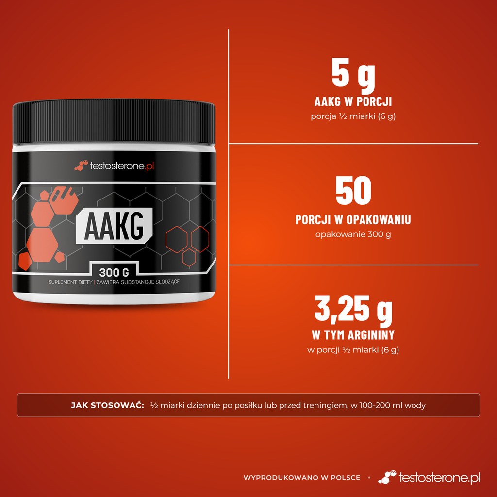 Testosterone.pl AAKG 300 g, wersja smakowa: 5 g AAKG, w tym 3,25 g argininy w porcji, 50 porcji
