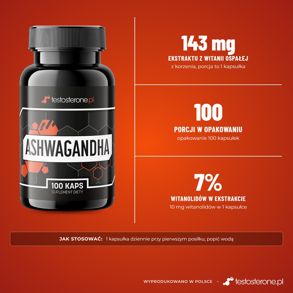 Testosterone.pl Ashwagandha, 100 kapsułek: 143 mg ekstraktu z korzenia witanii ospałej, w tym 10 mg witanolidów (7%) w kapsułce, 100 porcji