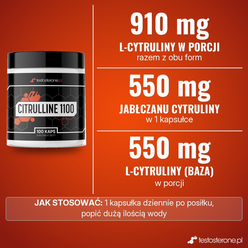 Testosterone.pl Citrulline 1100 Mega Caps: 910 mg L-cytruliny razem z 550 mg jabłczanu cytruliny i 550 mg L-cytruliny (baza) w 1 kapsułce