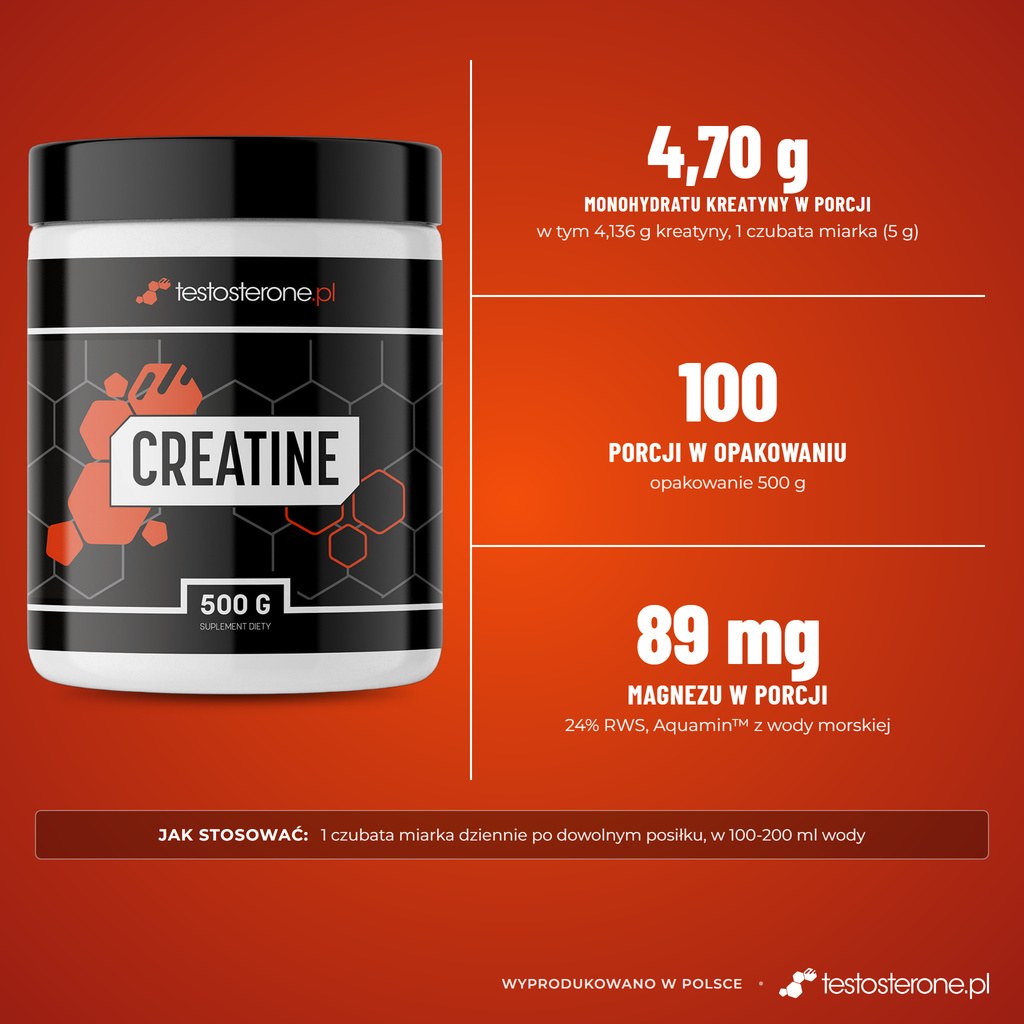 Testosterone.pl Creatine 500 g, wersja naturalna: 4,70 g monohydratu kreatyny i 89 mg magnezu w porcji, 100 porcji