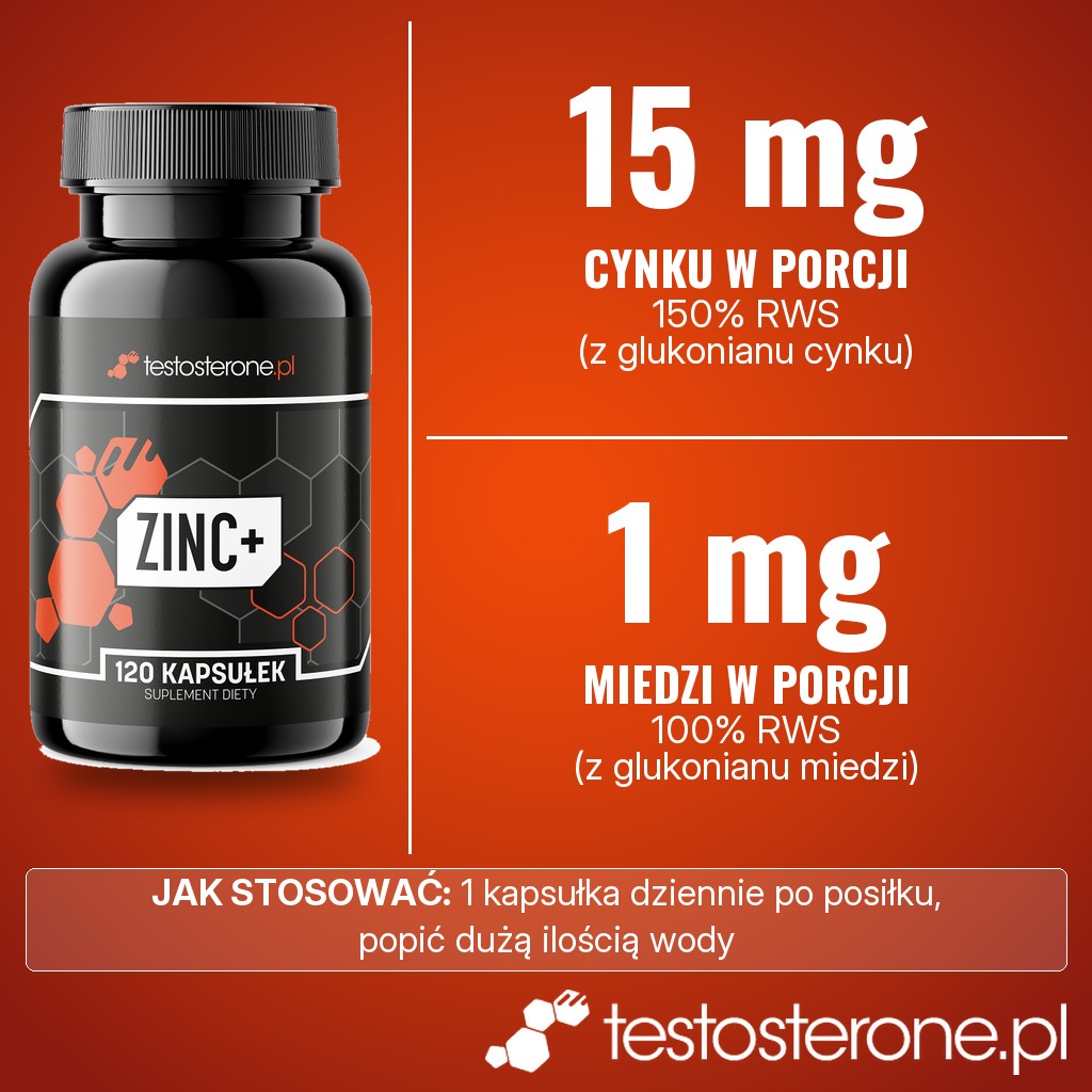 Testosterone.pl Zinc+: 15 mg cynku (150% RWS) z glukonianu cynku i 1 mg miedzi (100% RWS) z glukonianu miedzi w porcji