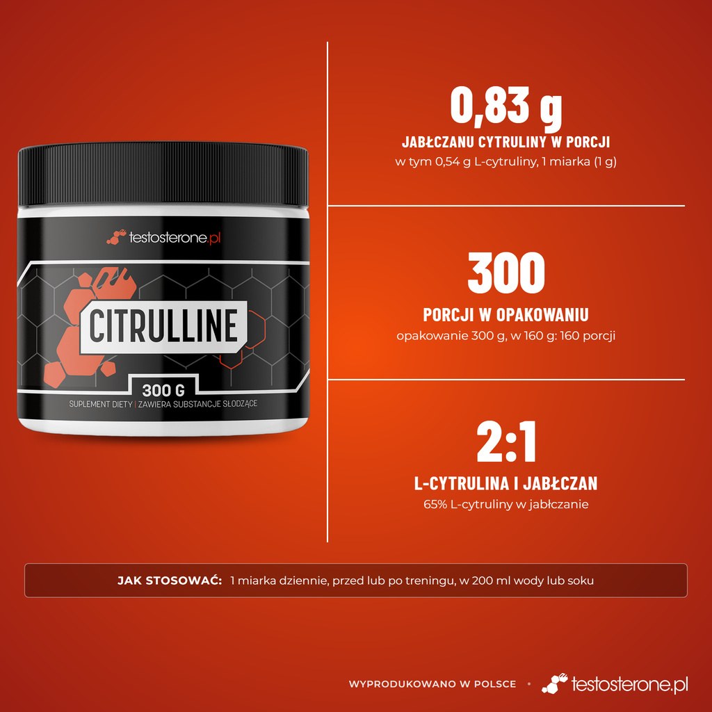 Testosterone.pl Citrulline 300 g, wersja smakowa: 0,83 g jabłczanu cytruliny 2:1 w porcji 1 g, 300 porcji