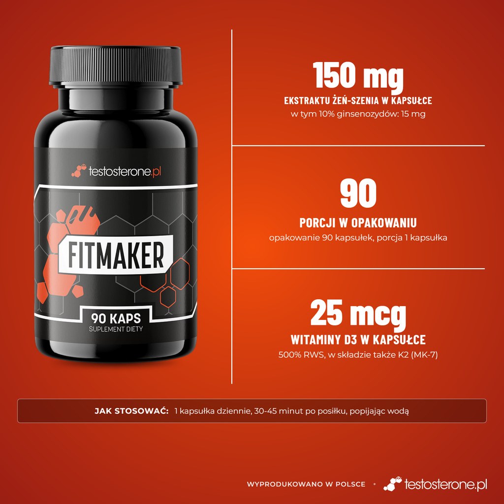 Testosterone.pl Fitmaker 90 kapsułek: 150 mg ekstraktu z żeń-szenia (10% ginsenozydów) i 25 mcg witaminy D3 w kapsułce, 90 porcji