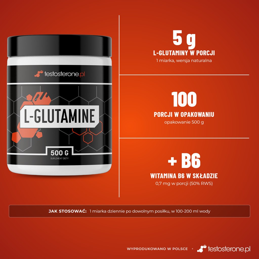 Testosterone.pl L-Glutamina 500 g, wersja naturalna: 5 g L-glutaminy i 0,7 mg witaminy B6 w porcji, 100 porcji