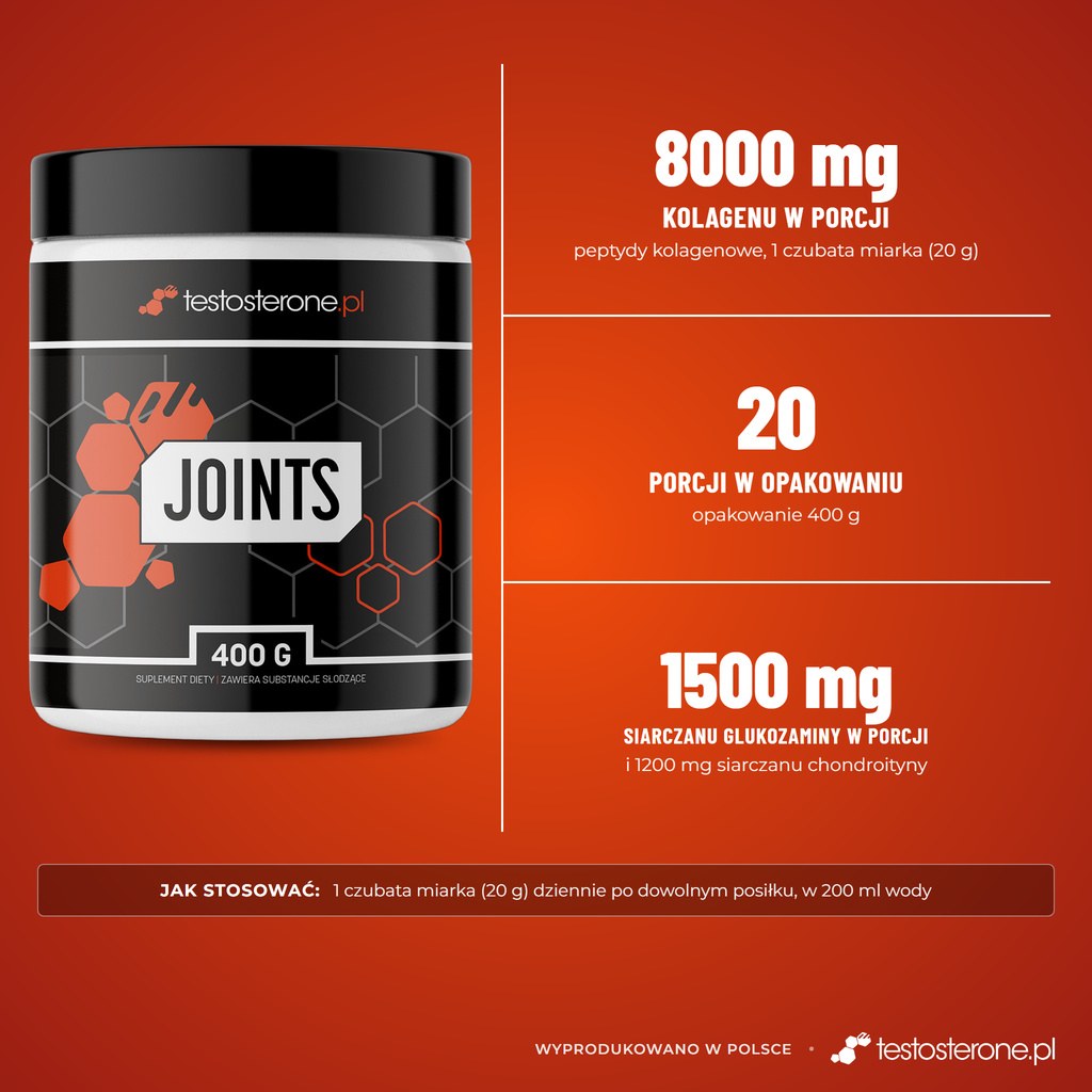 Testosterone.pl Joints 400 g, wersja smakowa: 8000 mg kolagenu, 1500 mg siarczanu glukozaminy i 1200 mg siarczanu chondroityny w porcji 20 g, 20 porcji