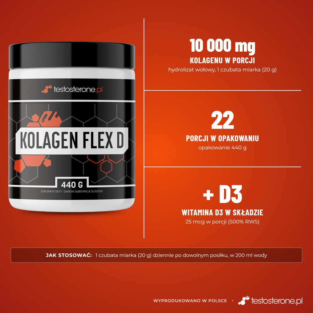 Testosterone.pl Kolagen Flex D 440 g, wersja smakowa: 10 000 mg kolagenu i 25 mcg witaminy D3 w porcji 20 g, 22 porcje