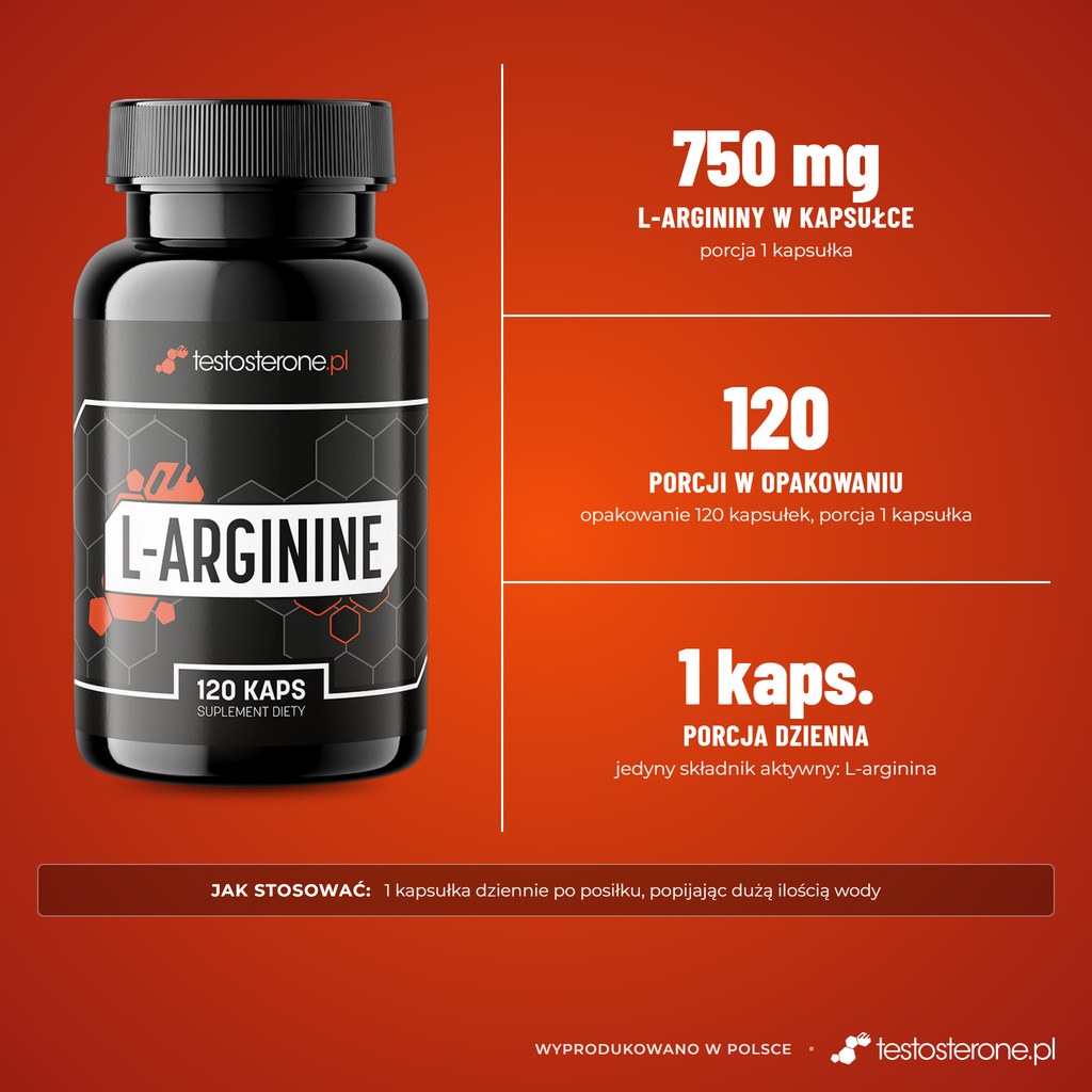 Testosterone.pl L-Arginina 750, 120 kapsułek: 750 mg L-argininy w kapsułce, 120 porcji