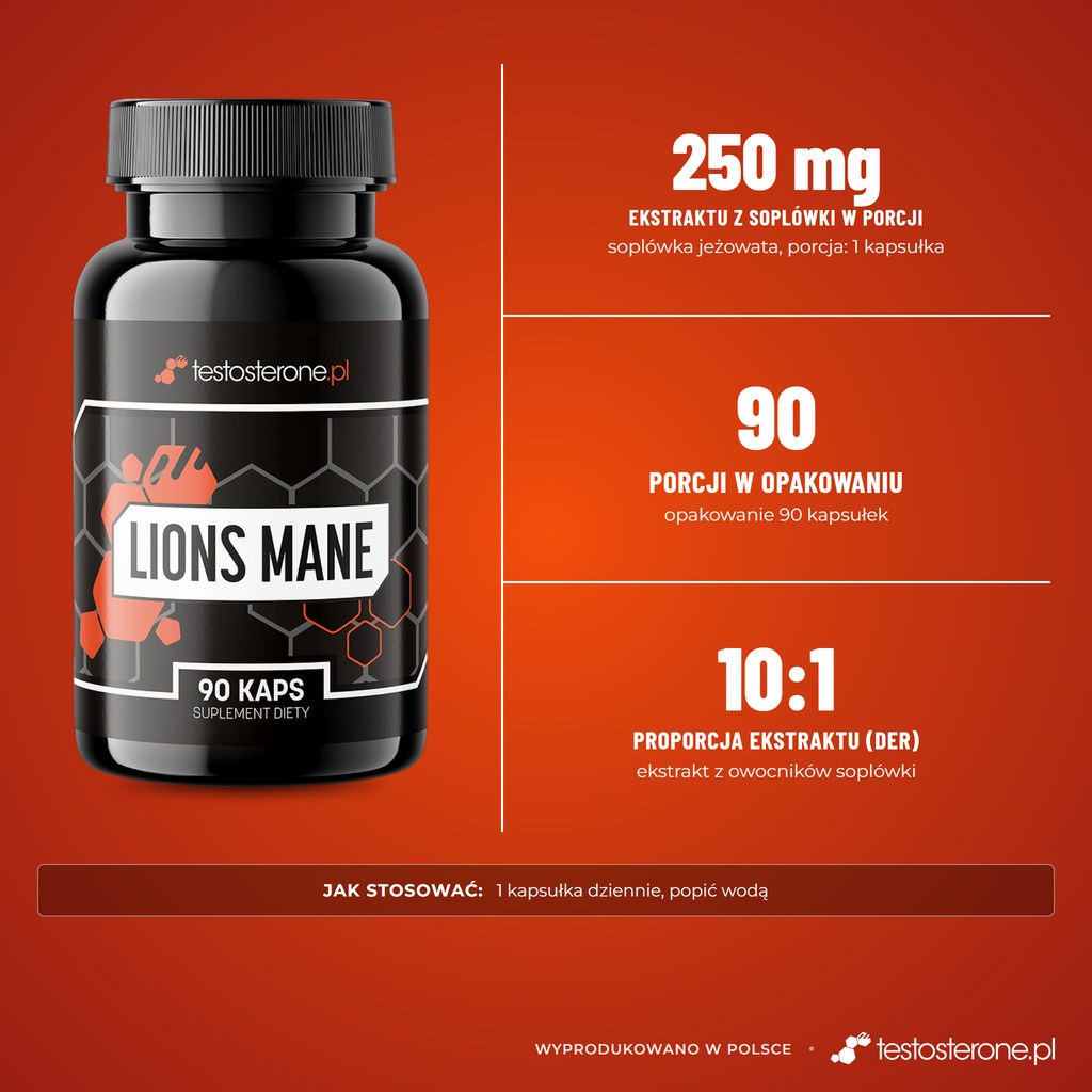 Testosterone.pl Lions Mane: 250 mg ekstraktu z owocników soplówki jeżowatej 10:1 w kapsułce, 90 porcji