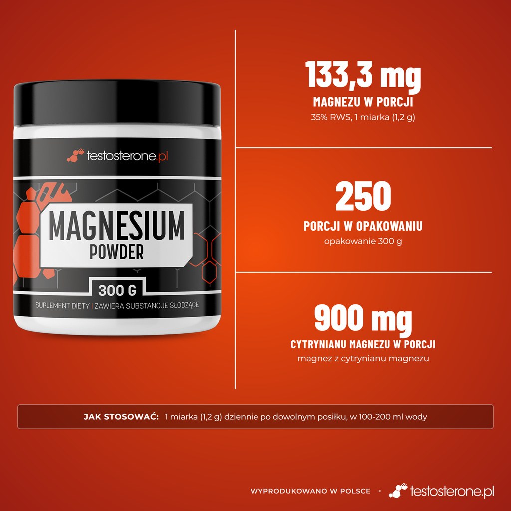 Testosterone.pl Magnesium Powder 300 g: 133,3 mg magnezu z 900 mg cytrynianu magnezu w porcji, 250 porcji
