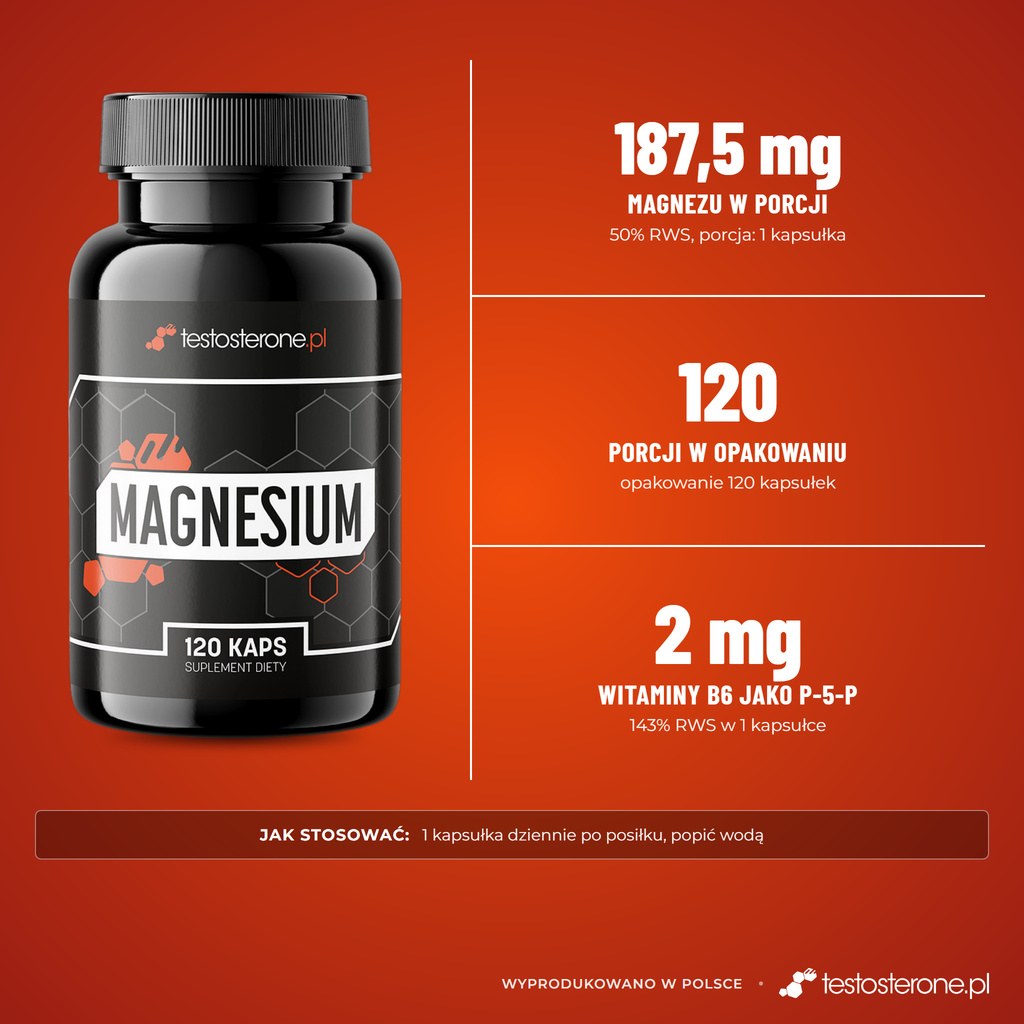 Testosterone.pl Magnesium 120 kapsułek: 187,5 mg magnezu i 2 mg witaminy B6 w kapsułce, 120 porcji