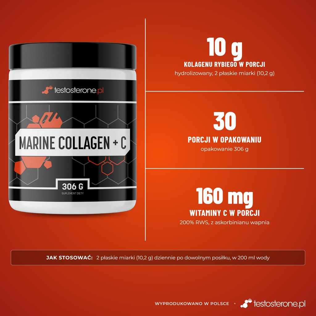 Testosterone.pl Marine Collagen + C 306 g: 10 g hydrolizowanego kolagenu rybiego i 160 mg witaminy C w porcji, 30 porcji