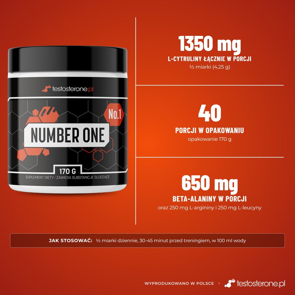 Testosterone.pl Number One 170 g: 1350 mg L-cytruliny i 650 mg beta-alaniny w porcji 4,25 g, 40 porcji