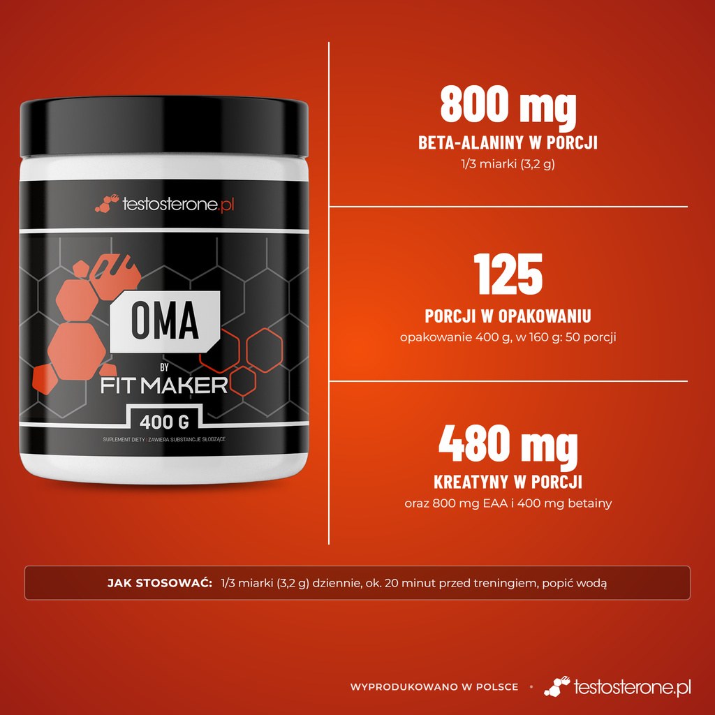 Testosterone.pl O.M.A One Man Army 400 g: 800 mg beta-alaniny i 480 mg kreatyny w porcji 3,2 g, 125 porcji