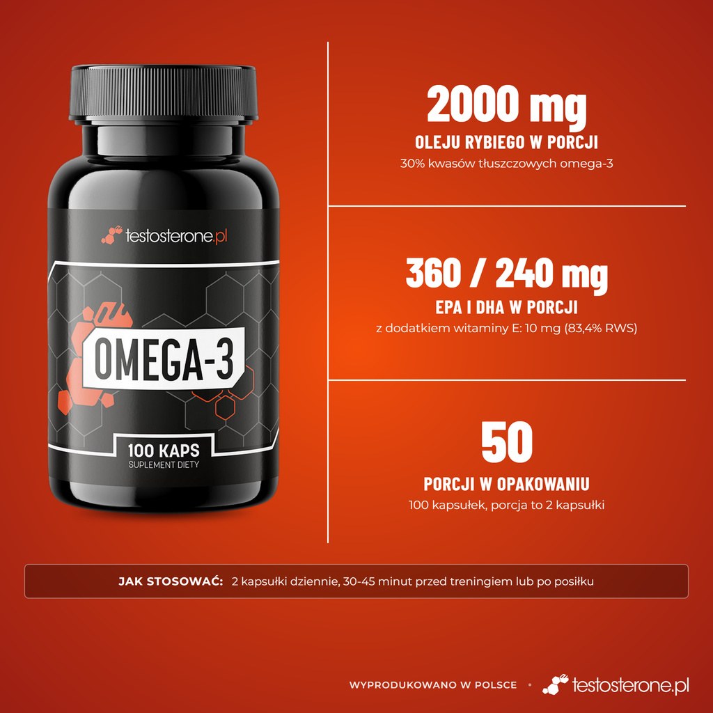 Testosterone.pl Omega-3 1000 mg: 2000 mg oleju rybiego, 360 mg EPA i 240 mg DHA w porcji, 50 porcji