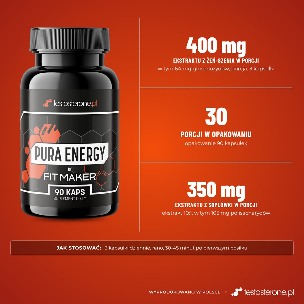 Testosterone.pl FitMaker Pura Energy: 400 mg ekstraktu z żeń-szenia Panax i 350 mg ekstraktu z soplówki jeżowatej w porcji, 30 porcji